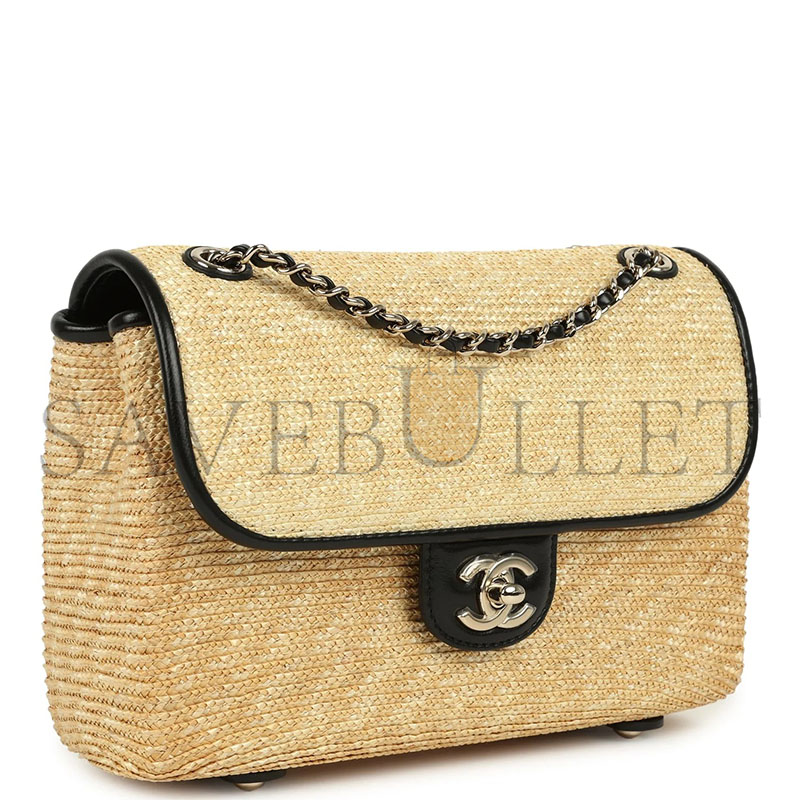CHANEL MASTER SMALL FLAP BAG BEIGE BRAIDED RAFFIA AND BLACK LAMBSKIN LIGHT GOLD HARDWARE AS6017 (23*16*8cm)
